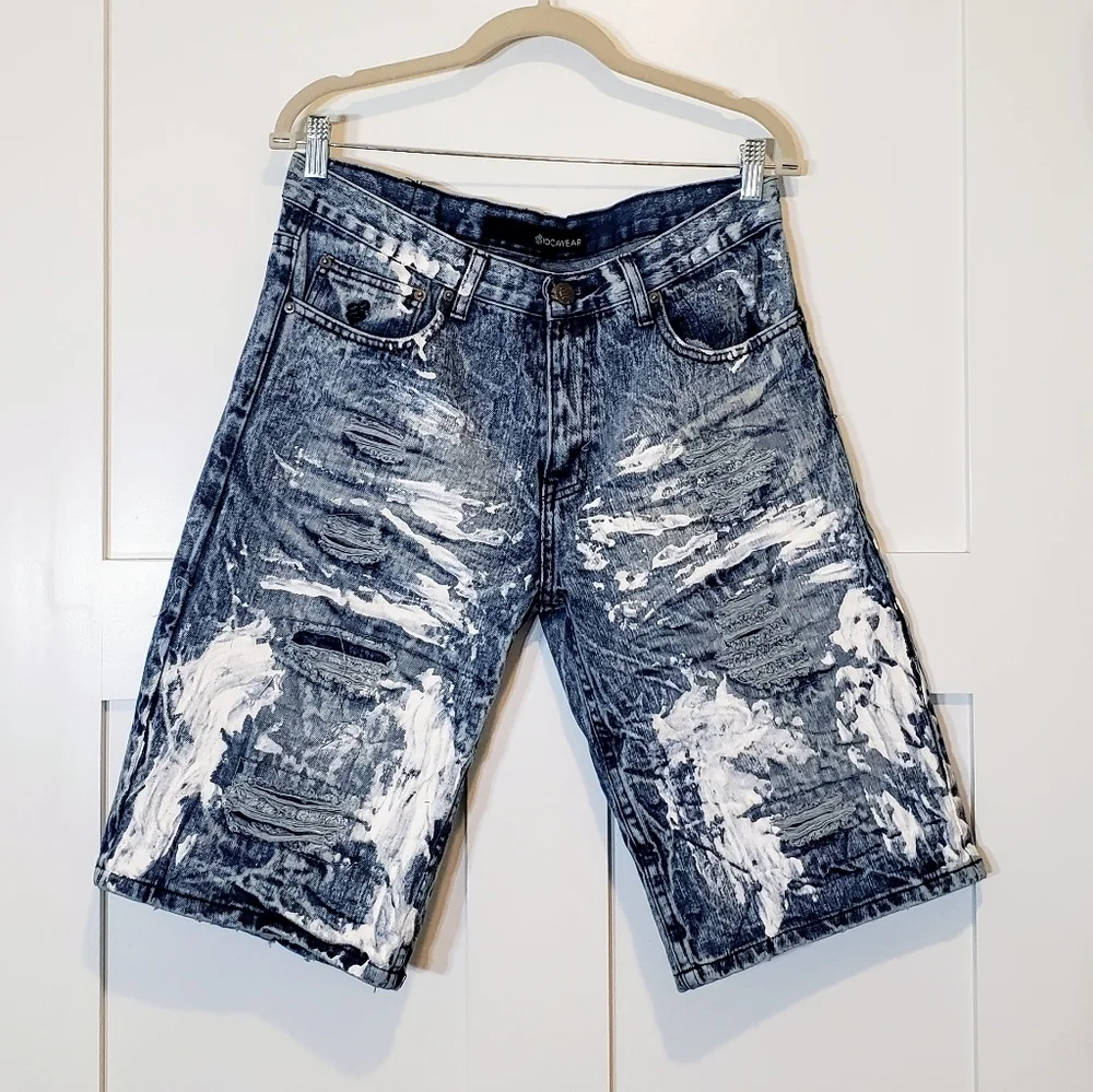 Rocawear Distressed Fading Paint Splattered Denim Blue Jean Shorts Size …